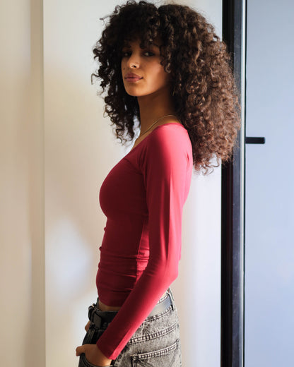 V Shape Long Sleeve Top (Burgundy Uncropped Regular Length)