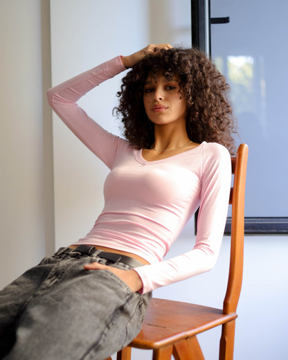 V Shape Long Sleeve Top (Pink Uncropped Regular Length)