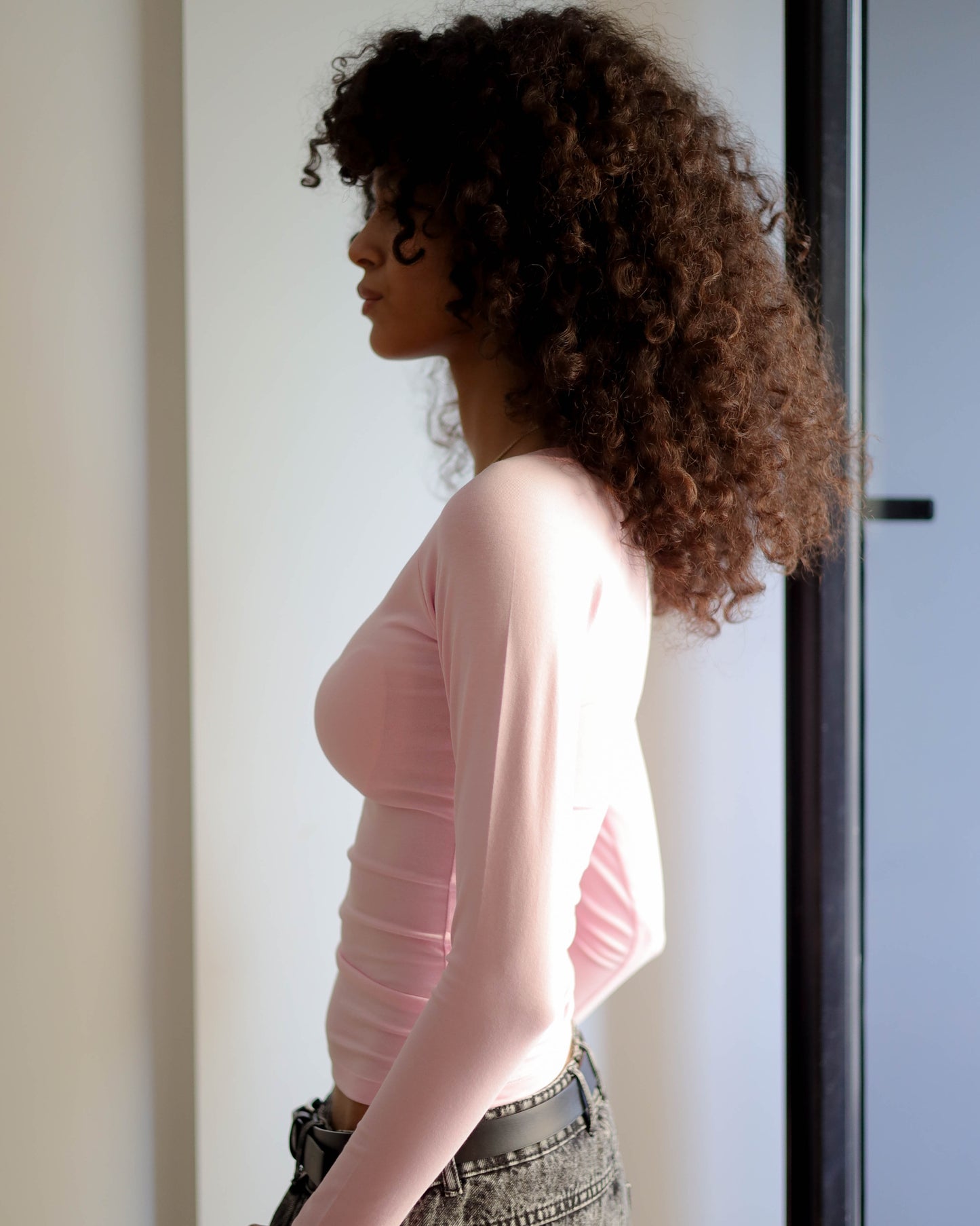 V Shape Long Sleeve Top (Pink Uncropped Regular Length)