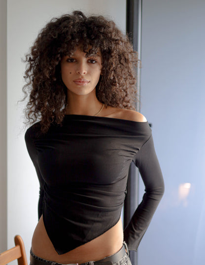Off Shoulder Black Draped Asymmetrical Top