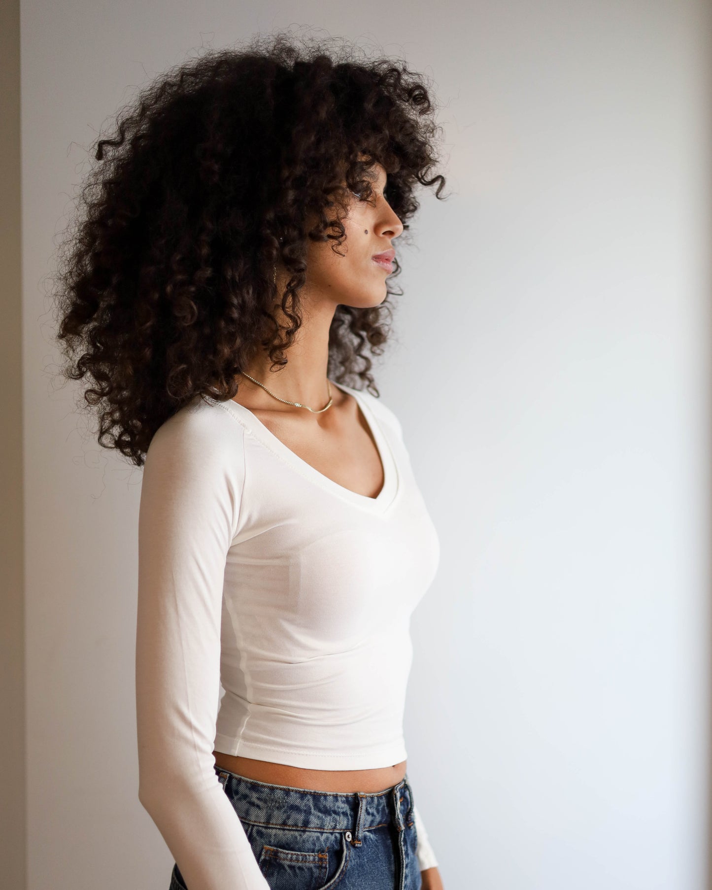 V Shape Long Sleeve Top (White Cropped)