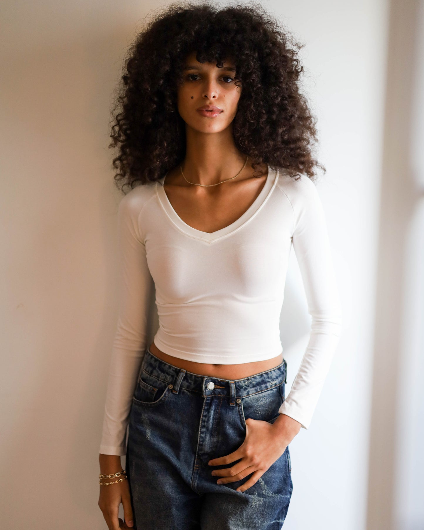 V Shape Long Sleeve Top (White Cropped)