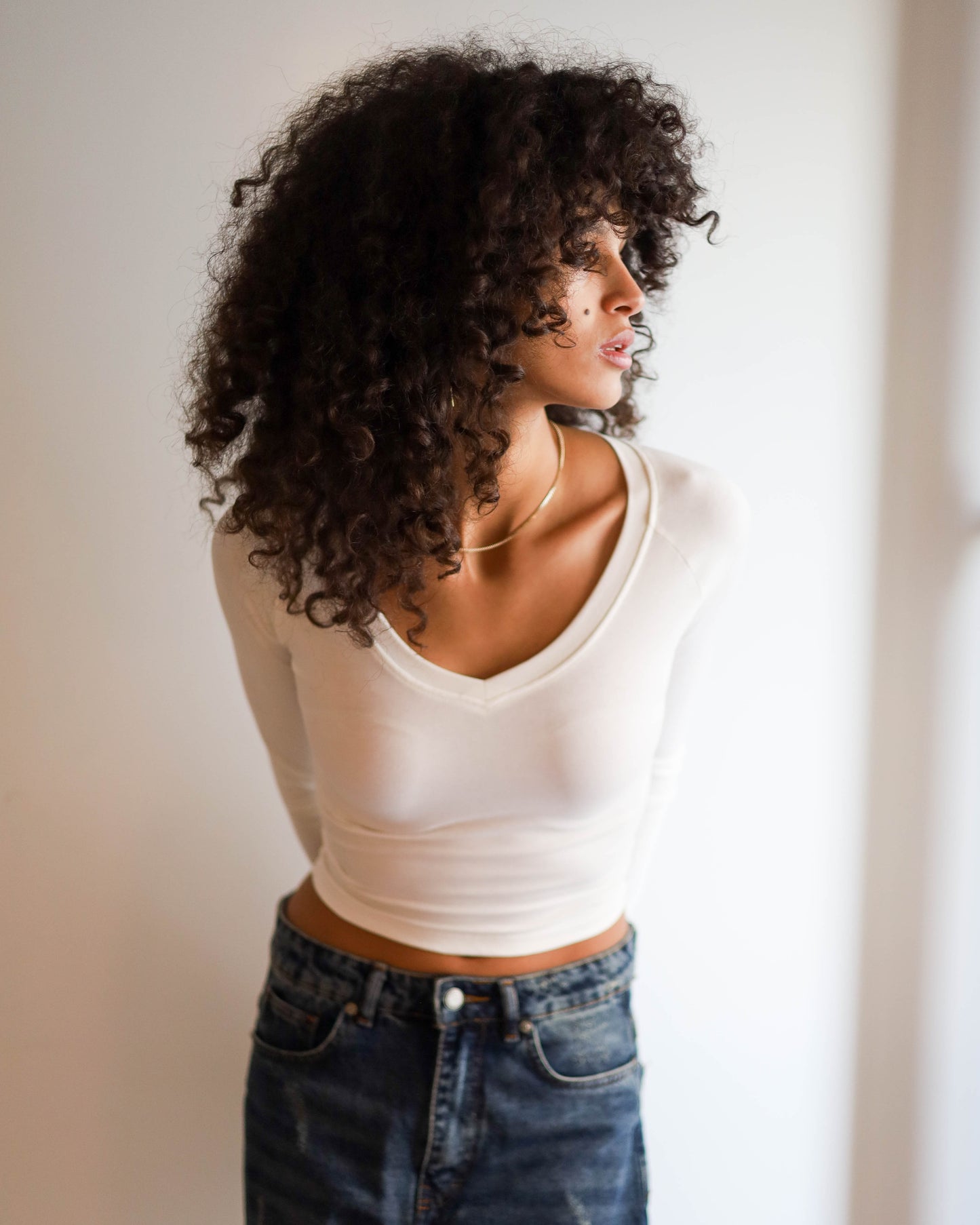 V Shape Long Sleeve Top (White Cropped)
