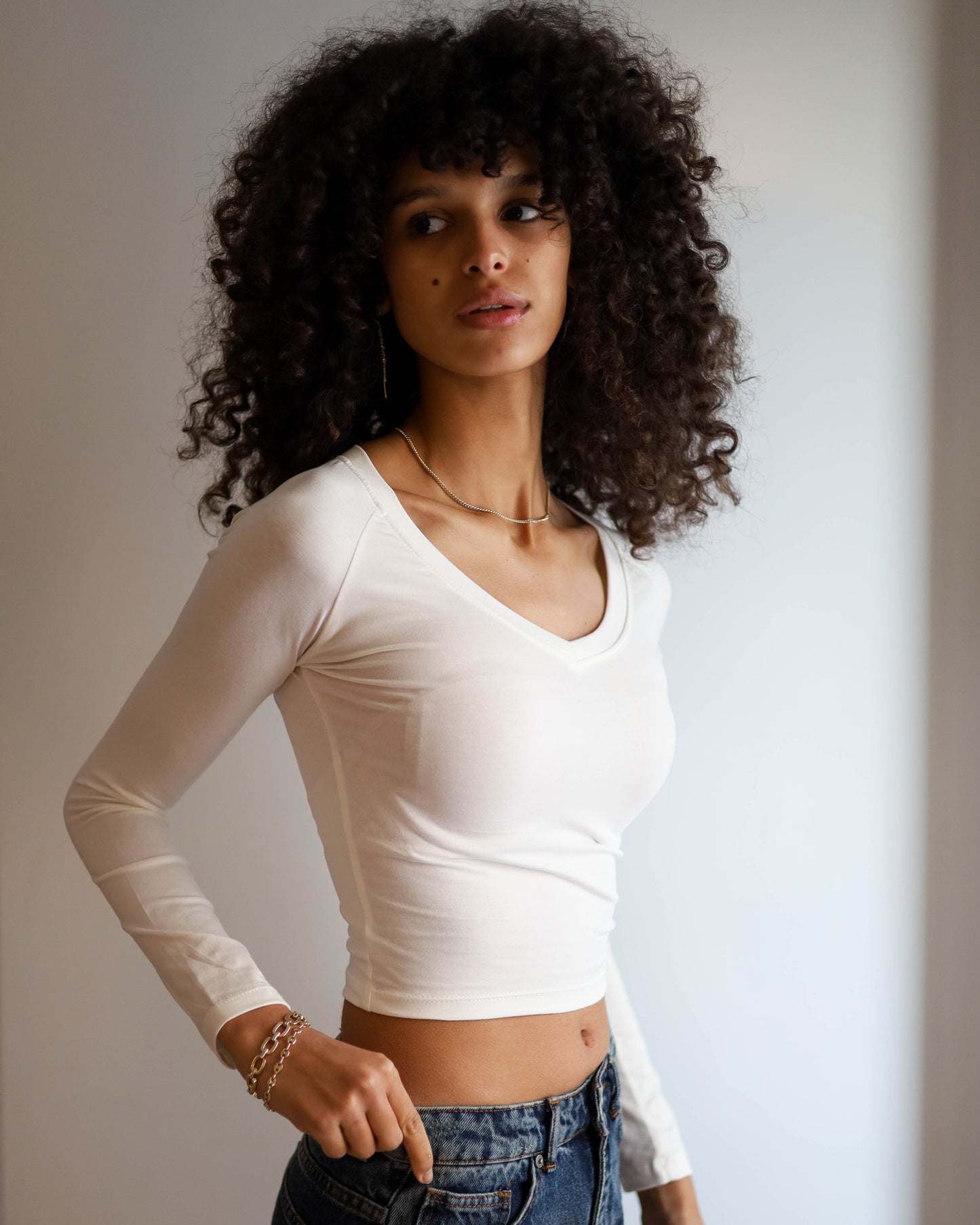V Shape Long Sleeve Top (White Cropped)