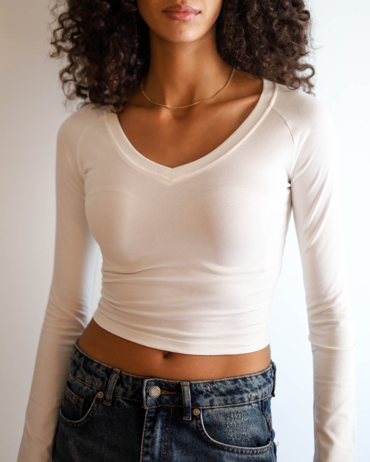 V Shape Long Sleeve Top (White Cropped)
