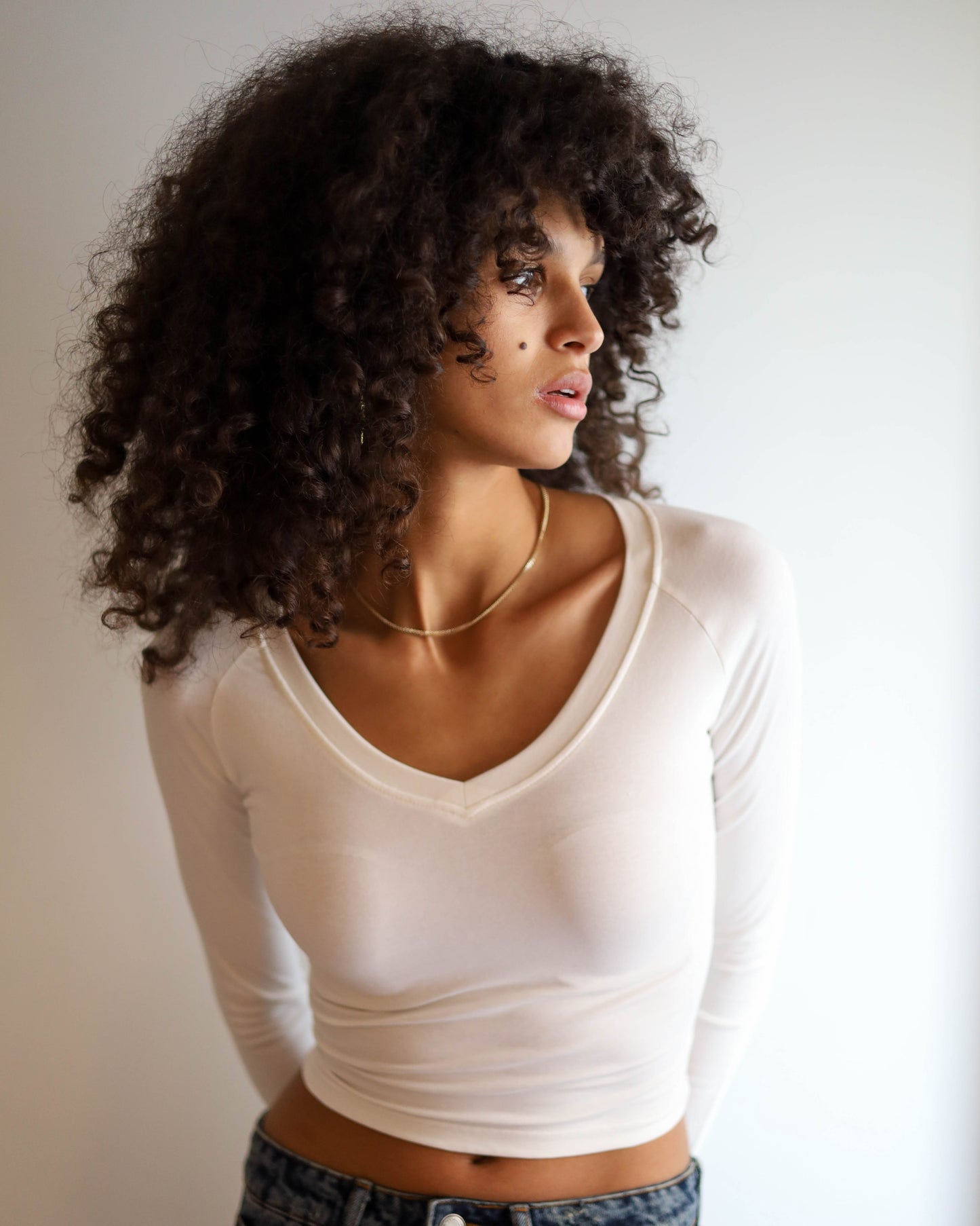 V Shape Long Sleeve Top (White Cropped)