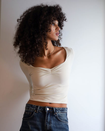 Square Chest Scrunched Long Sleeve Top (Cream)