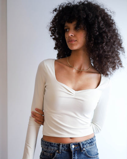 Square Chest Scrunched Long Sleeve Top (Cream)