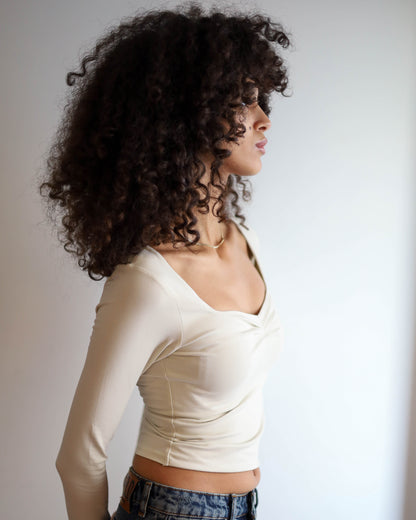 Square Chest Scrunched Long Sleeve Top (Cream)