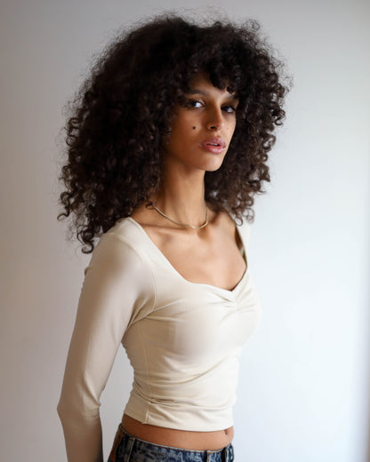 Square Chest Scrunched Long Sleeve Top (Cream)