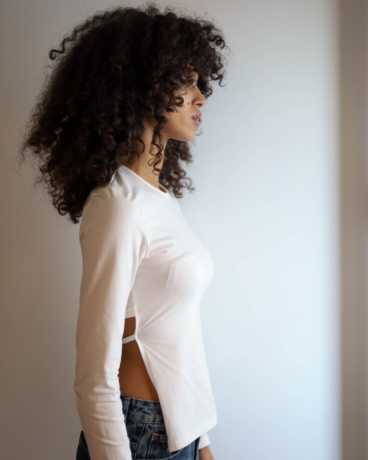 Long Sleeve Top With Open Back and a Strap (White)