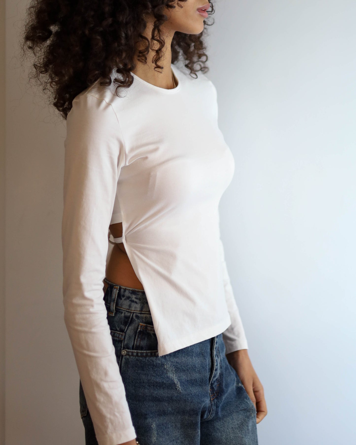 Long Sleeve Top With Open Back and a Strap (White)