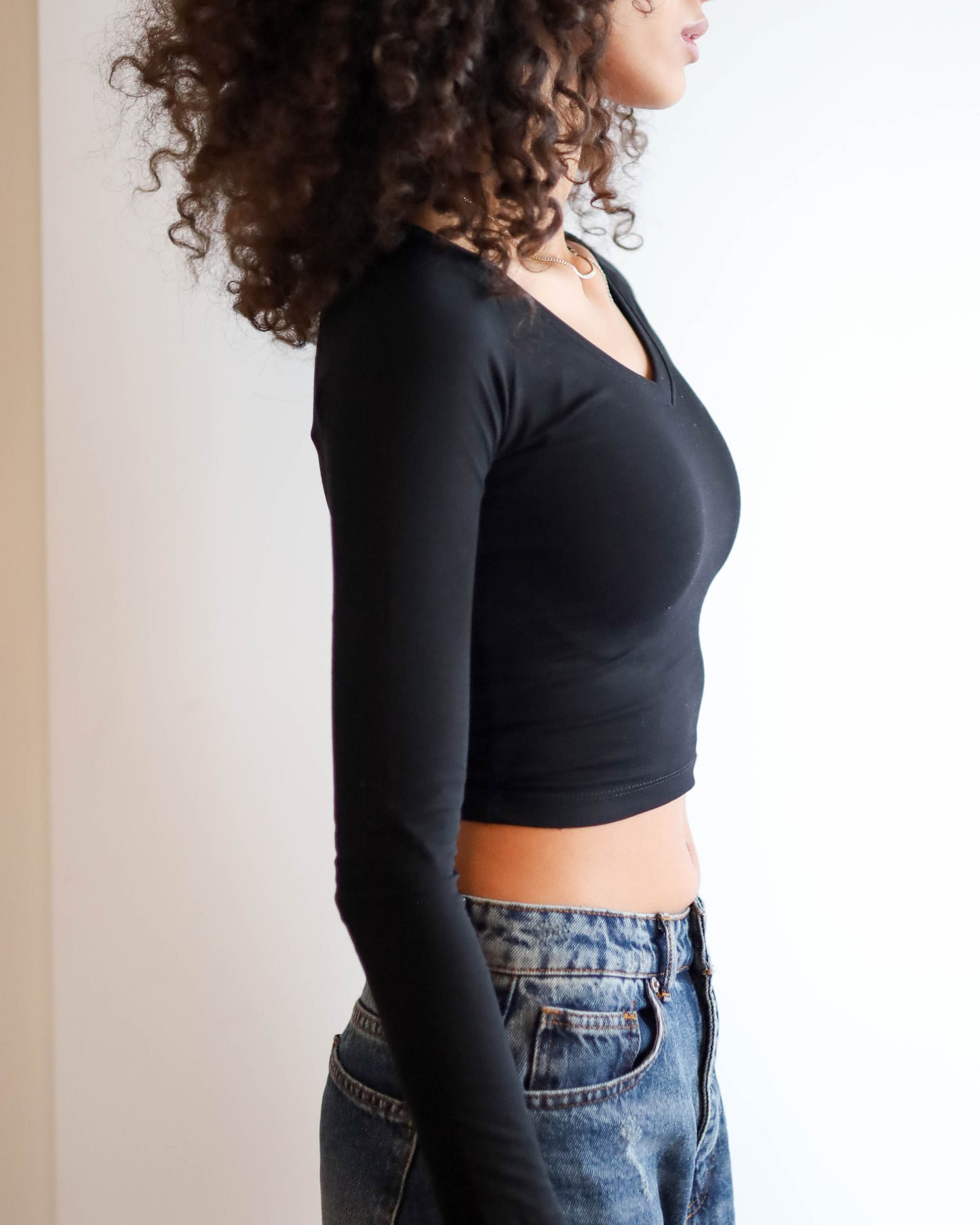 V Shape Long Sleeve Top (Black Cropped)