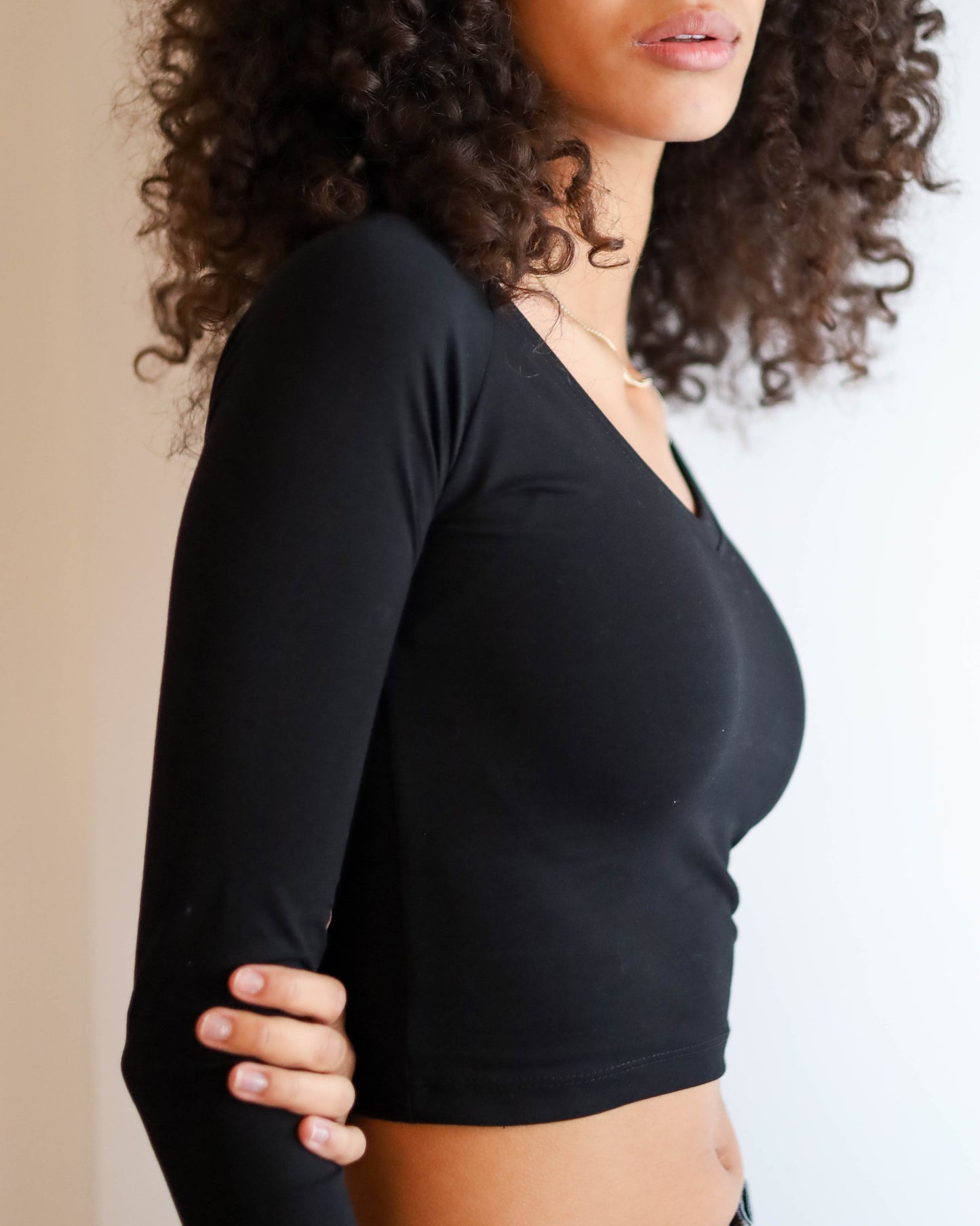 V Shape Long Sleeve Top (Black Cropped)